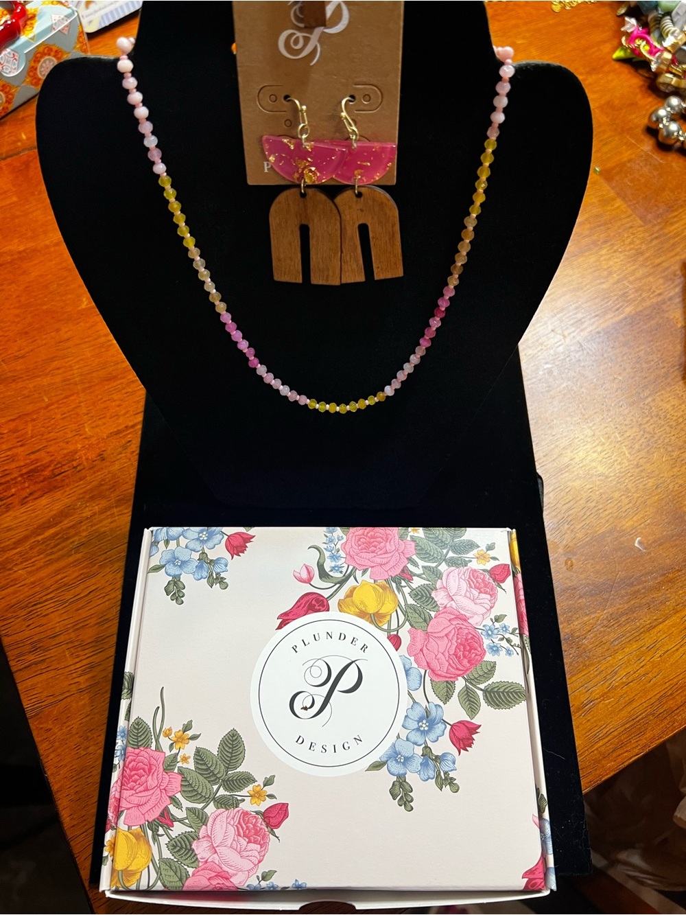 Plunder Pink & Yellow Beaded Necklace with Pink Acrylic and Wood Earrings
